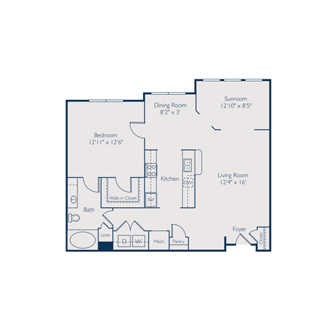 Floor plan for 1 bed, 1 bath, 985 sqft